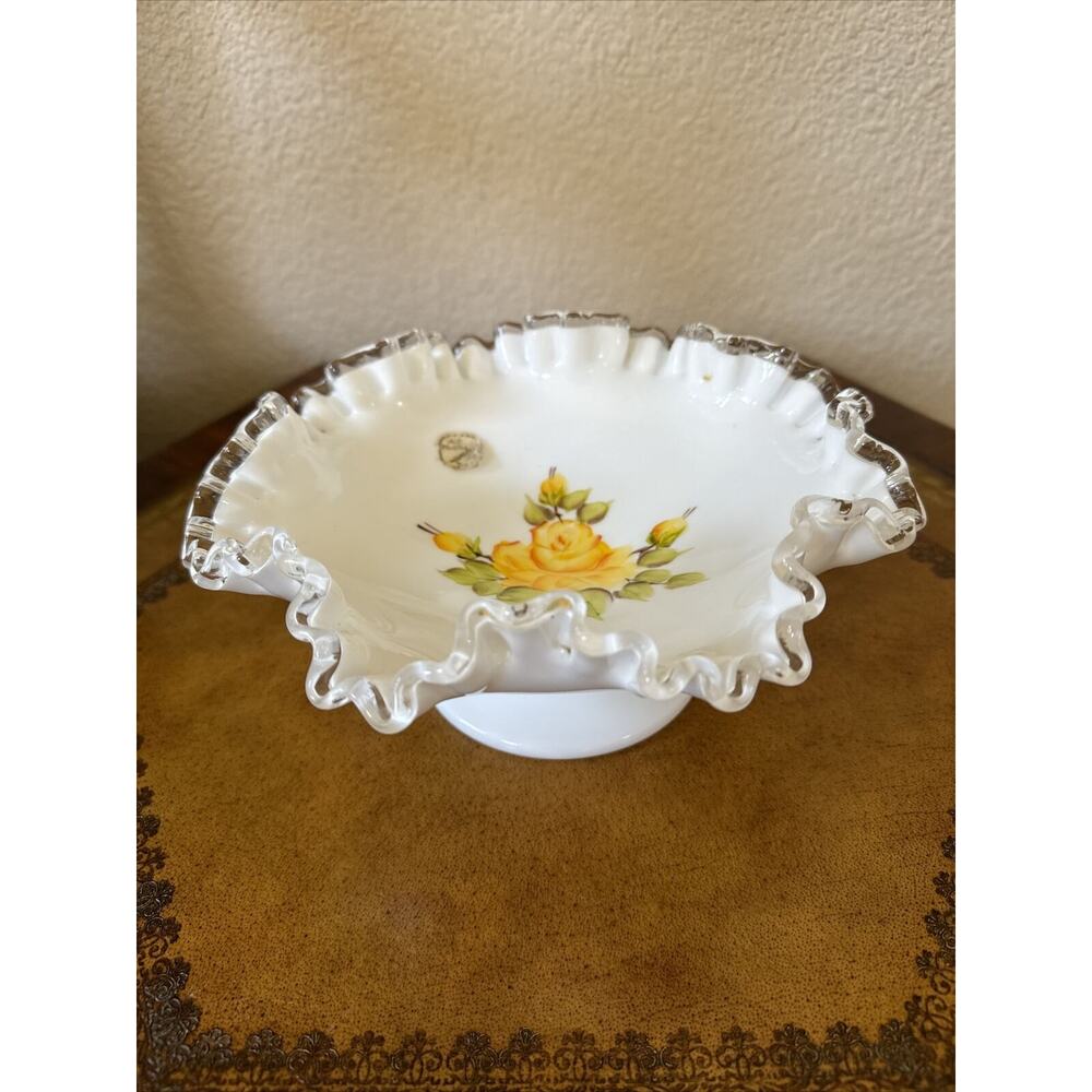 Fenton Silver Crest Ruffled Edge Yellow Rose Compote Milk Glass Pedestal Bowl
